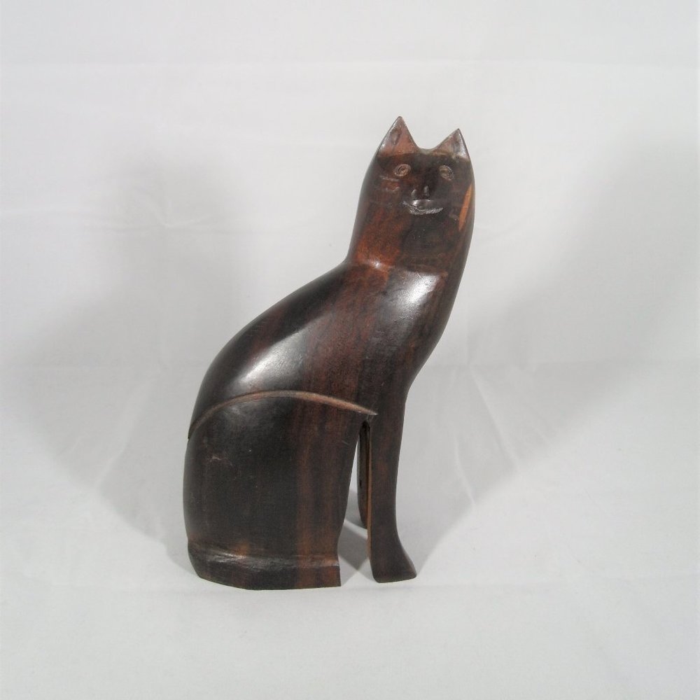 Vintage MCM Brown Wood Carved Cat Made in Mexico Wooden Decor
